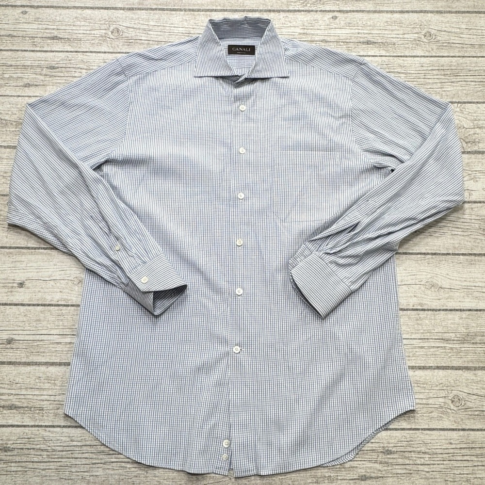 Canali Dress Shirt Men's 16/41 Gray Micro Check Long Sleeve Button Down Italy